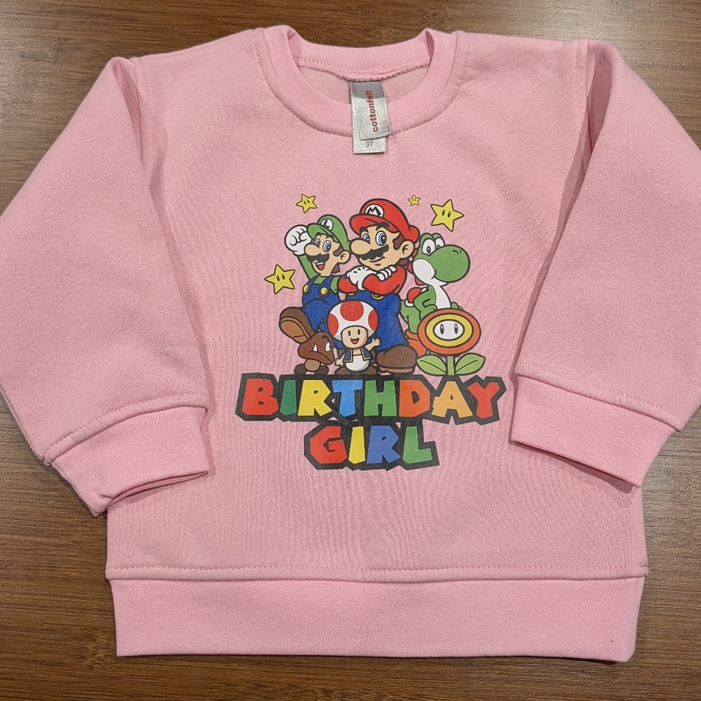 Pink "Birthday Girl" Super Mario Sweatshirt 3T - New